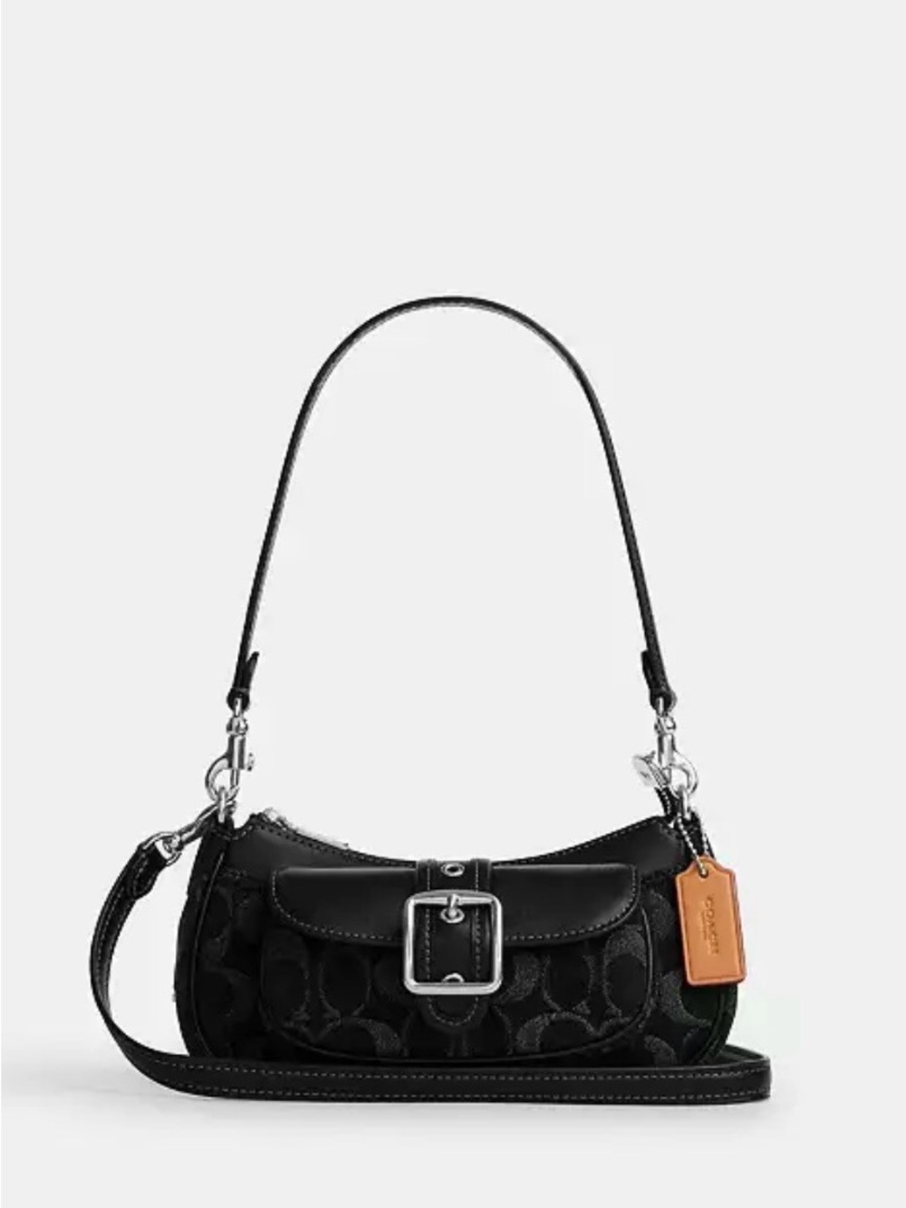 Coach Black Signature Canvas Shoulder Bag with Tan Leather Tag